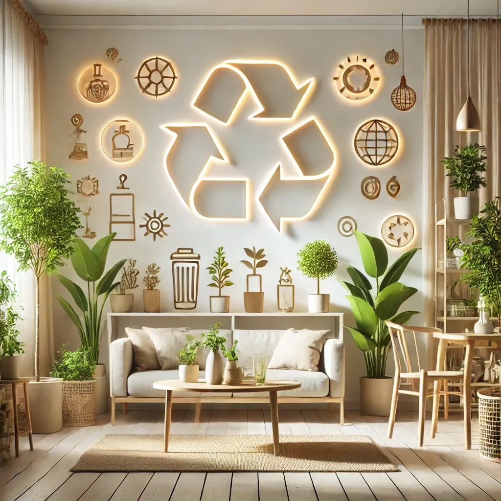 : Intérieur lumineux et épuré après un débarras écoresponsable avec Fais de la Place. Meubles revalorisés, ambiance chaleureuse avec des plantes vertes et des symboles discrets de recyclage et d'économie circulaire.